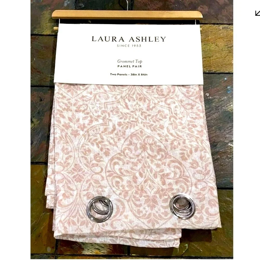 Laura Ashley Grommet Top Taupe White Floral Sheer Curtain Panel Pair 38